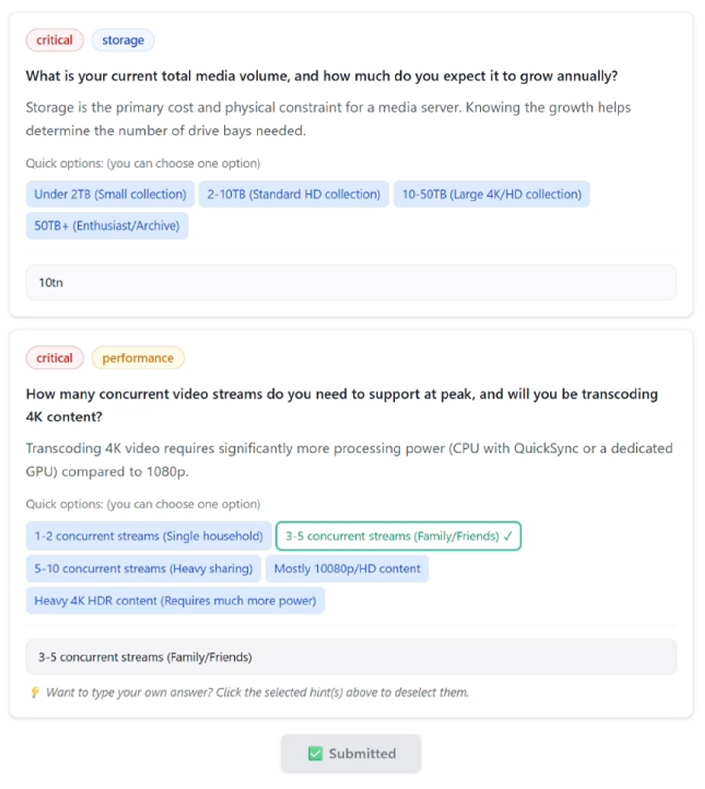 Talkulate AI CPQ agentic UI: two requirement questions as separate cards with critical/storage and critical/performance tags, rationale text, quick-select answer chips, and input fields.