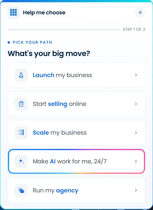Bluehost Help me choose modal, step 1 of 2, on 31 August 2026: Pick your path with fixed options including Make AI work for me 24/7; no conversational workload-to-plan interview.