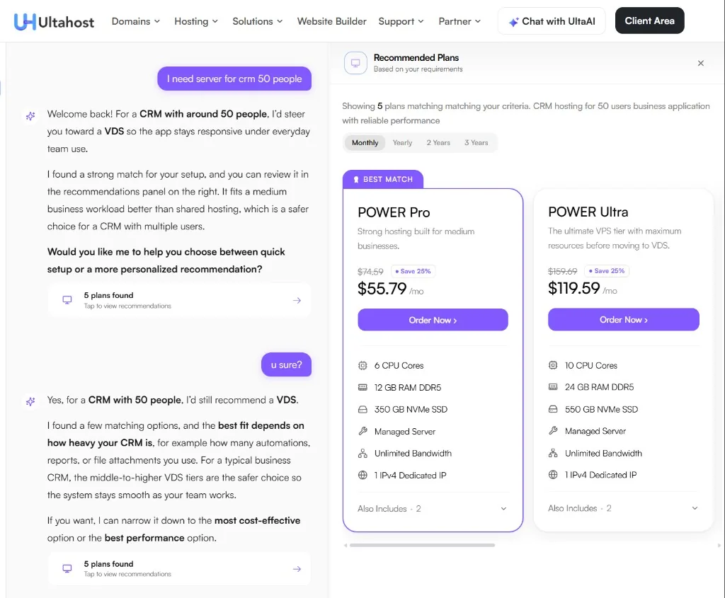 UltaHost UltaAI split layout on 31 August 2026: chat on the left steers to VDS after one CRM-50 request; Recommended Plans on the right shows five cards including POWER Pro BEST MATCH with Order Now.