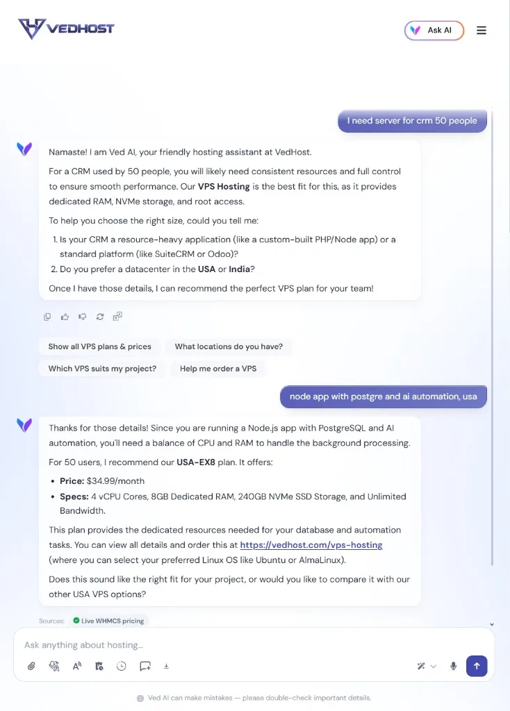 VedHost Ved AI chat on 31 August 2026: after a CRM-50 request the assistant asks CRM stack and USA versus India, then recommends USA-EX8 at $34.99 per month in plain text with a link to the VPS page and a Live WHMCS pricing source label.