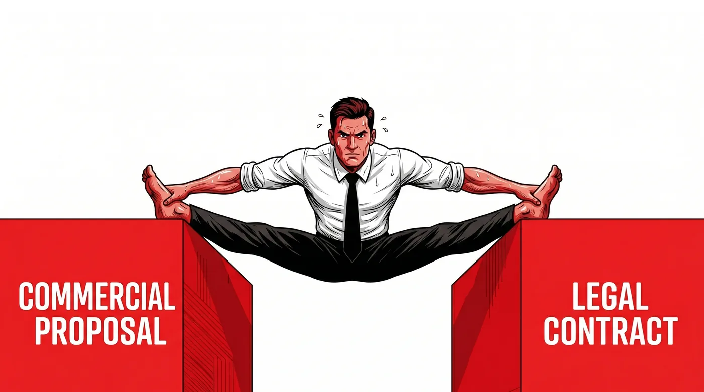 Man doing a split between two red blocks labeled Commercial Proposal and Legal Contract